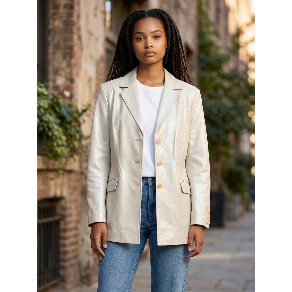 Terry Lewis Classic Luxuries Cream Leather Blazer Jacket Womens 1X Off White